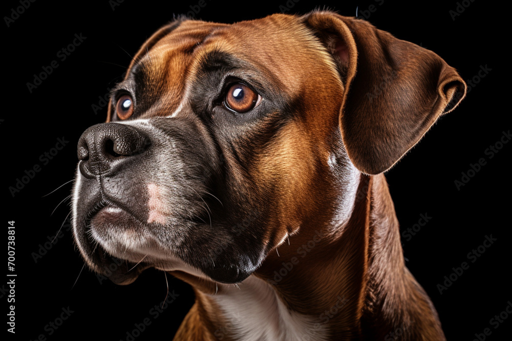 Fototapeta premium Boxer dog close-up portrait on a black background. 