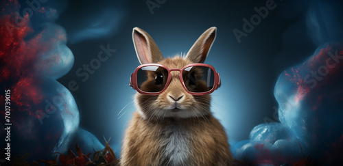  A rabbit wearing red sunglasses is in front of a blue background.
