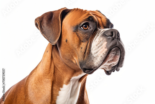 Boxer dog close-up portrait on a white background.	
