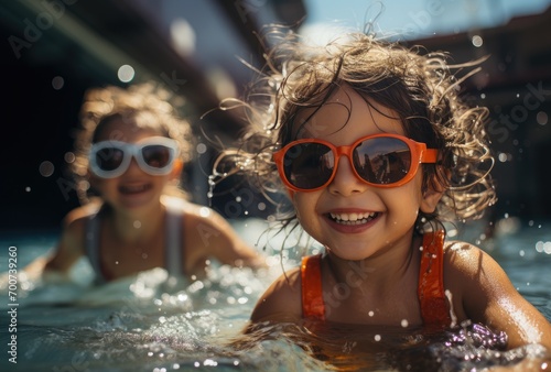 Young kids wearing goggles swimming in pool with sunlight © familymedia