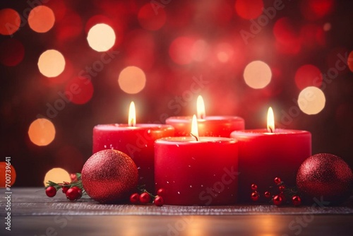 Romantic Christmas evening with lit red candles on indoor advent wreath  tranquil bokeh lights  and dark copy space. Generative AI