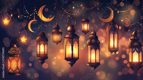 Arabic traditional Ramadan Kareem eastern lanterns garland. Muslim ornamental hanging golden lanterns, stars and moon vector illustration set. Islamic oriental style garland photo