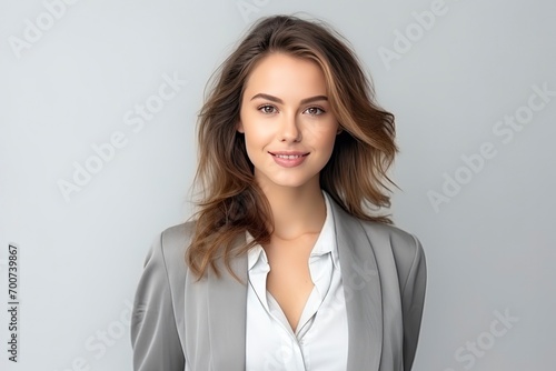 Portrait of wonderful young businesswoman wearing suit standing over gray background