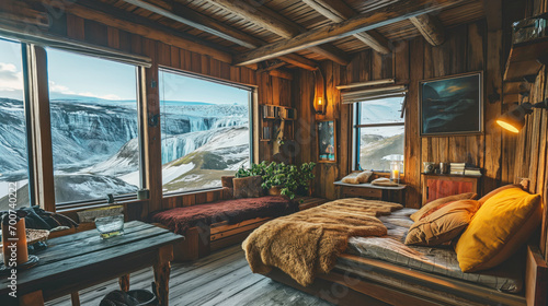 The interior of a rustic wooden hotel room with a view of the Northern Lights from the window
