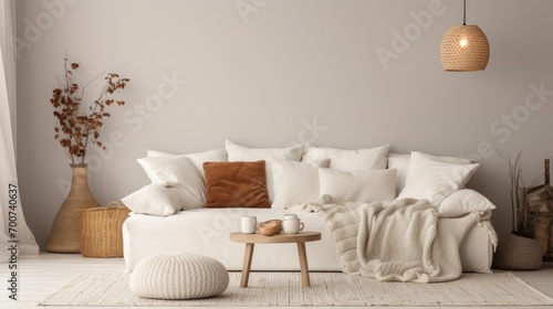 Knitted Pouf Beside a white sofa with terra cotta pillows in a hygge-style scandinavian living room photo