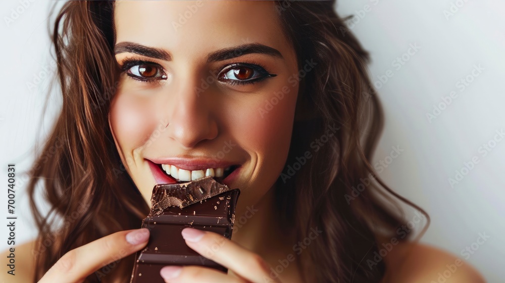 Young woman eating sweet chocolate bar on white background