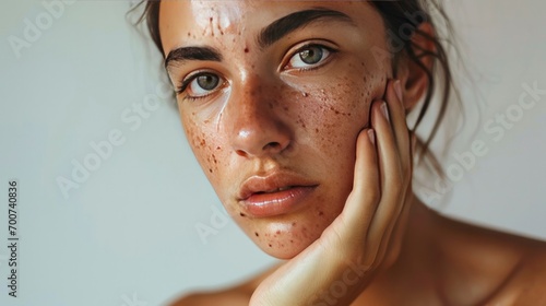 Young woman with acne problem squishing pimples on light background with space for text photo