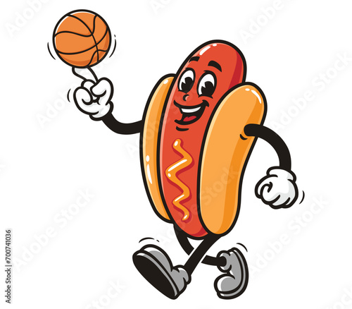 Hot dog playing basketball cartoon mascot illustration character vector clip art