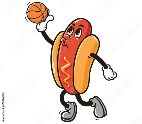 Hot dog playing slam dunk basketball cartoon mascot illustration character vector clip art