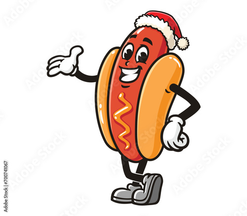 Hot dog with a Christmas hat cartoon mascot illustration character vector clip art