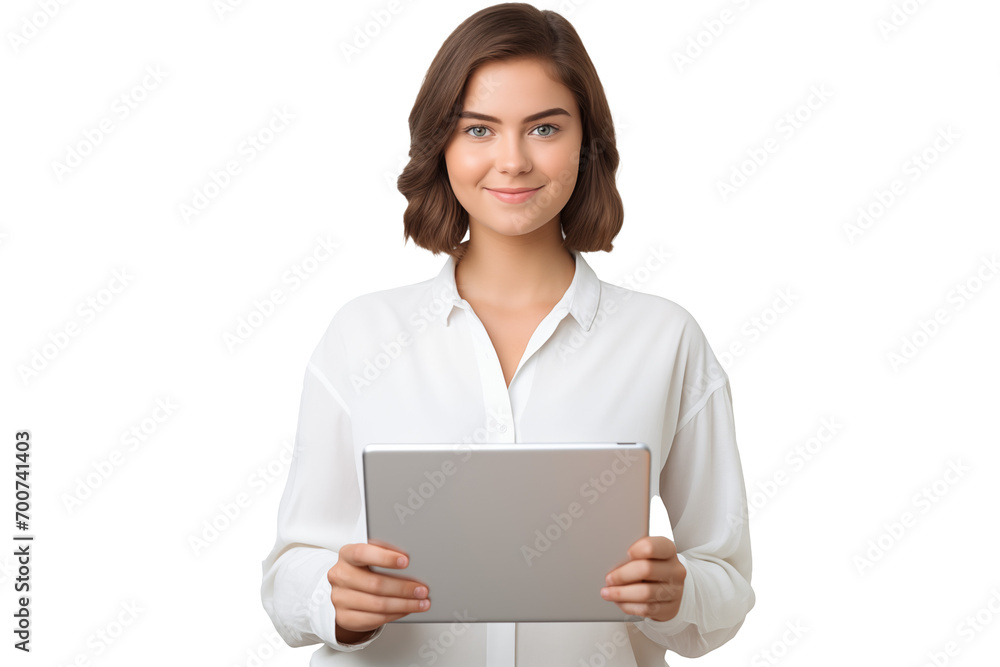 Attractive smiling girl working on a tablet on a transparent background Attractive smiling girl working on a tablet on a transparent background