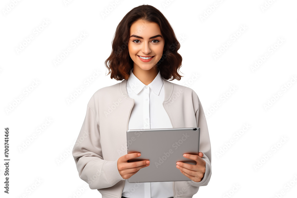 Attractive smiling girl working on a tablet on a transparent background Attractive smiling girl working on a tablet on a transparent background