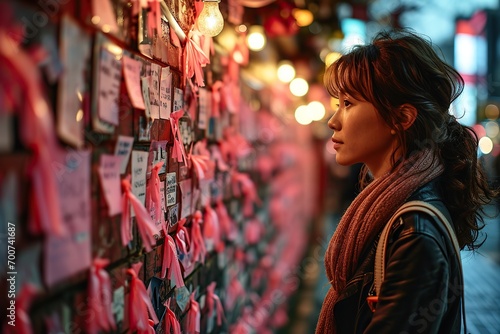 Woman contemplating message-covered wall with heartfelt wishes on pink papers