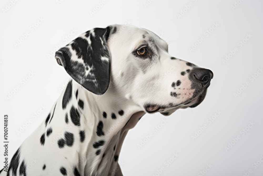 Dalmatian dog close-up portrait on a white background.
Dalmatian dog close-up portrait on a white background.