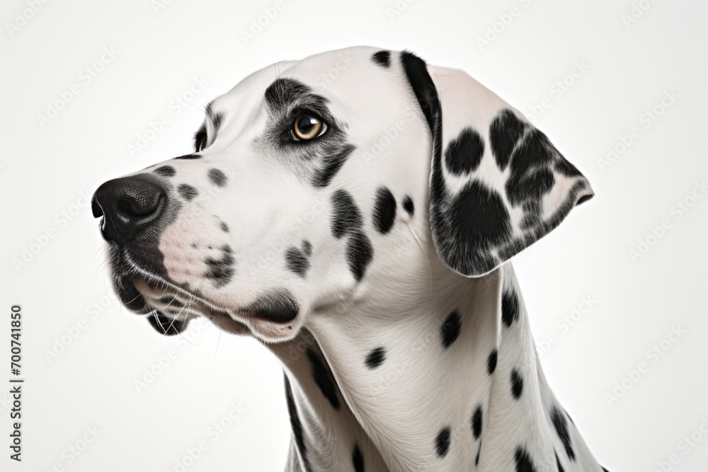 Dalmatian dog close-up portrait on a white background.
Dalmatian dog close-up portrait on a white background.