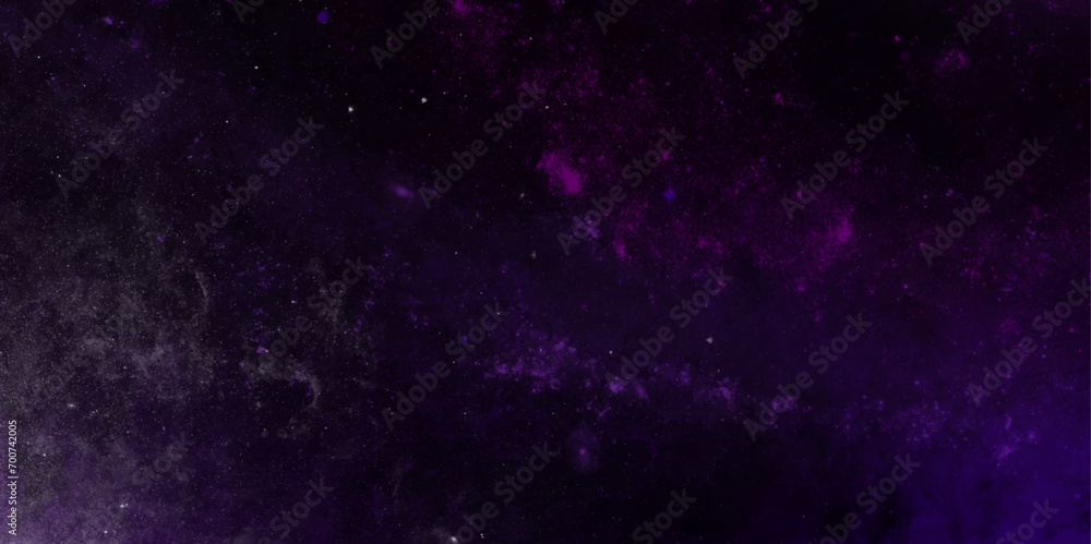 Purple nebula space text and space overlays background.  Light rays reflected on wet pavement. Smoke, could. Empty street scene. Neon light.