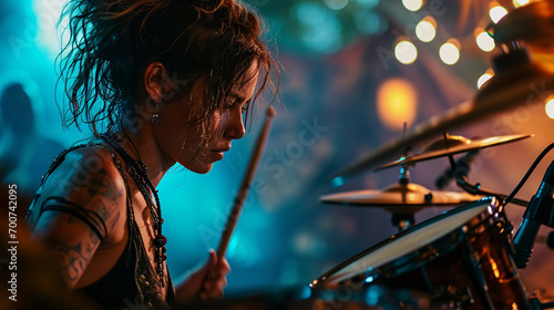A female drummer in action at a rock concert photo