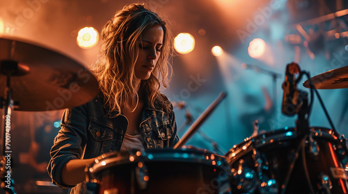 A female drummer in action at a rock concert photo