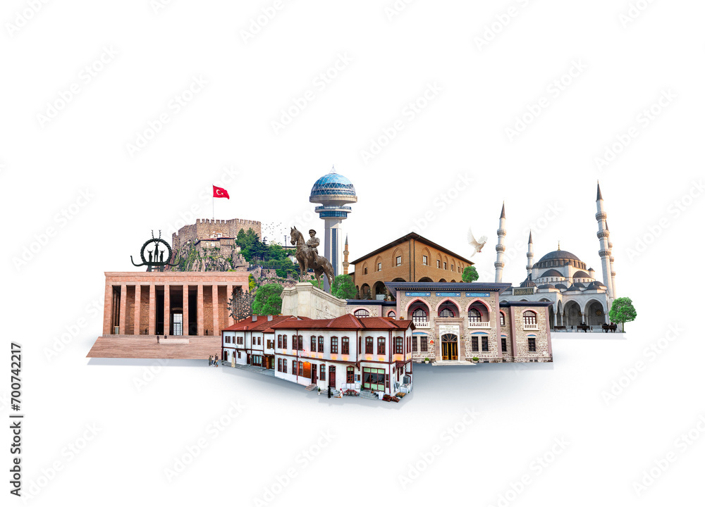 Ankara kolaj çalışması, tarihi mimariler ve gezilecek mekanlar. Translation: Ankara collage work, historical architectures and places to visit.