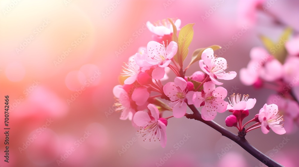 A branch with a pink flower on a blurred background, copy space. A branch with a pink flower on a blurred background, copy space.