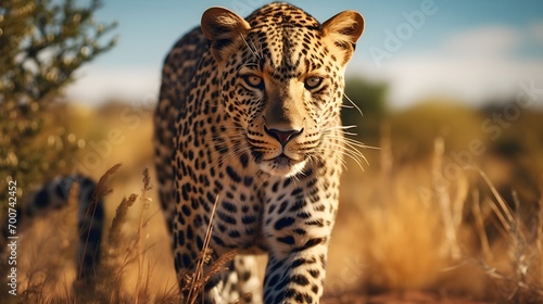 A leopard hunts in the savannah.