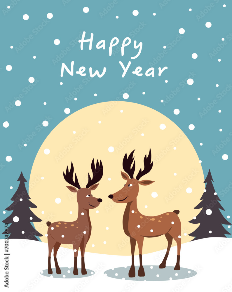 Fototapeta premium Merry Christmas and Happy New Year! Illustration of deer in the forest. New Year's deer and snow. Winter holiday composition. Greeting card, banner, poster in soft pastel colors