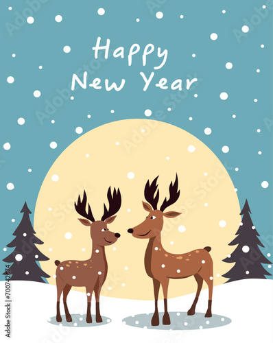Merry Christmas and Happy New Year! Illustration of deer in the forest. New Year's deer and snow. Winter holiday composition. Greeting card, banner, poster in soft pastel colors © Ekaterina Anisimova
