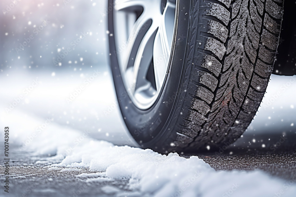 Closeup of car tires in winter on the road covered with snow