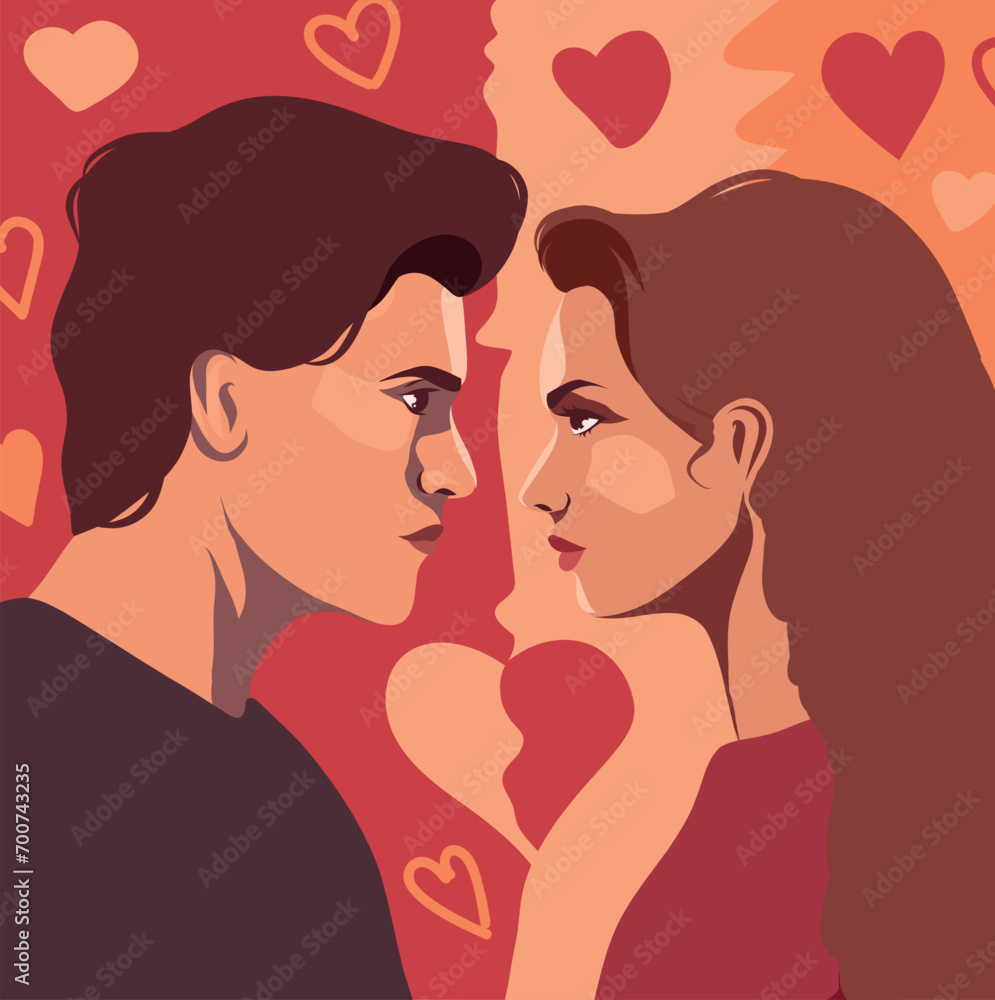 Vector illustration of a couple in love on a background of hearts quarrel family psychology of relationships discord in the family postcard for February 14 Valentine's Day Vector illustration of a couple in love on a background of hearts quarrel family psychology of relationships discord in the family postcard for February 14 Valentine's Day