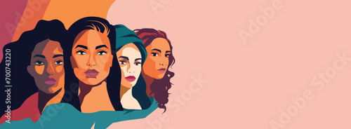 Vector flat pink background banner for International Women's Day, beautiful women of different cultures and nationalities stand side by side. Vector concept of movement for gender equality and women's photo
