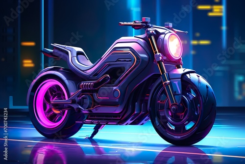 mini futuristic standard bike neon color bike cinematic lighting buildings background made with AI