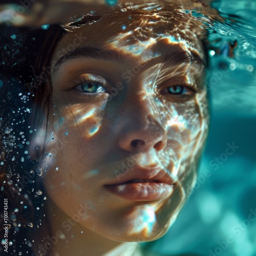 portrait of a woman underwater, sea waves reflecting