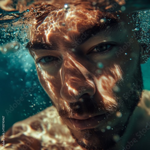 portrait of a man underwater, sea waves reflecting