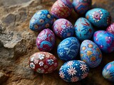 a cluster of coloured painted Easter eggs on top of a brown background
