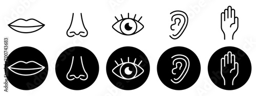 Five senses vector icons set. Hearing, touch, taste, smell, sight. Hand, eye, nose, mouth. Vector icons EPS 10 photo