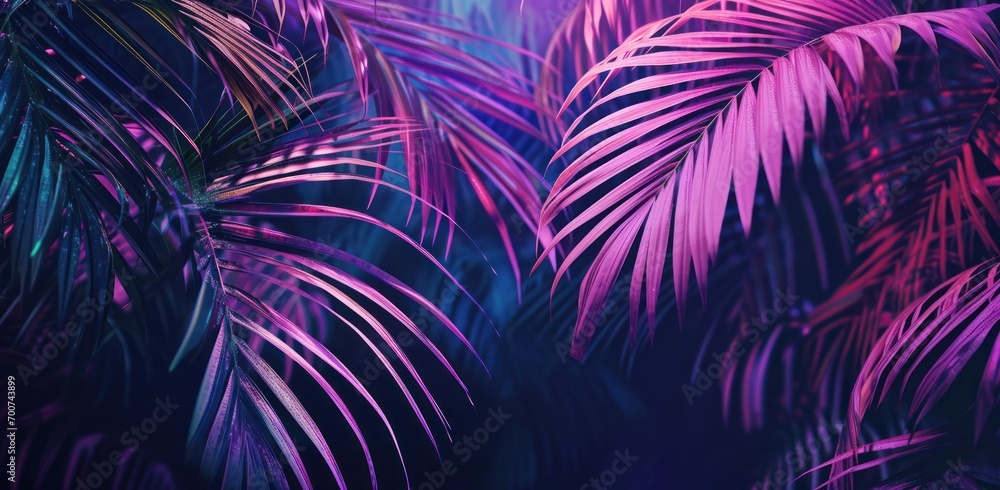 a image with palm leaves that are glowing in pink, purple and blue