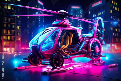 futuristic classic anime chopper bike neon color BIKE buildings in the background made with AI photo