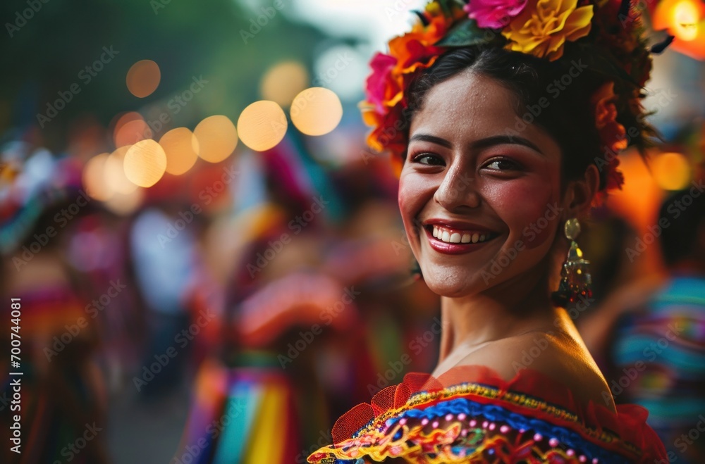 a happy carnival dancer smiling as they walked through a city