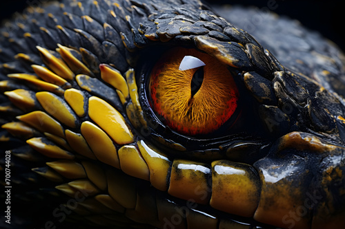 A close-up of the eyes of an unknown reptile that is large and bright.