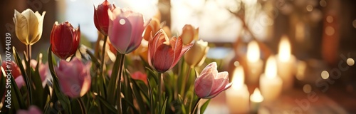 a bunch of colorful tulips in front of a candle light