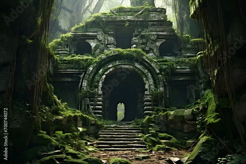 Magnificent view of forgotten ancient ruins deep in the forest with no traces of humans
