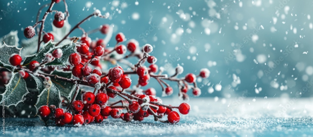 a bunch of red holly berries and snow on the blue background a bunch of red holly berries and snow on the blue background
