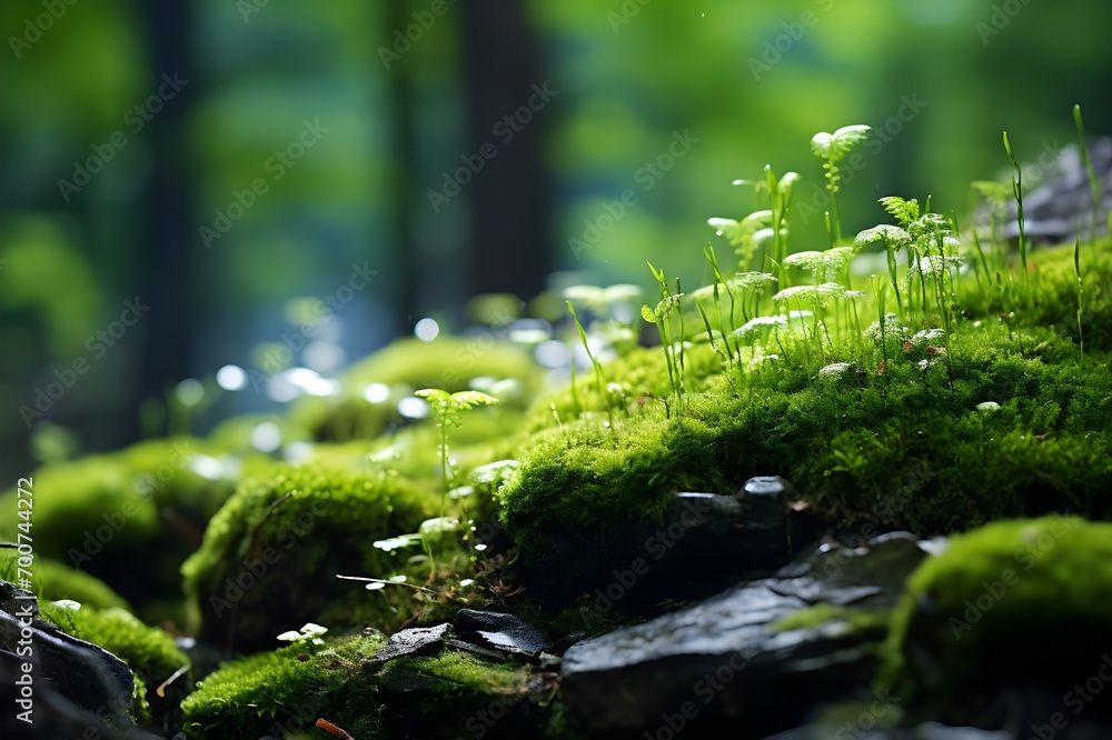 This is a detailed close-up photo of a colony of green moss living on rocks or stones in a deep forest This is a detailed close-up photo of a colony of green moss living on rocks or stones in a deep forest