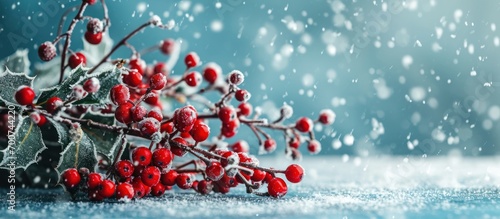 a bunch of red holly berries and snow on the blue background photo