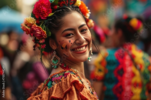 a happy carnival dancer smiling as they walked through a city
