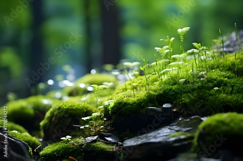 This is a detailed close-up photo of a colony of green moss living on rocks or stones in a deep forest