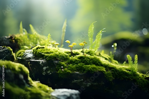 This is a detailed close-up photo of a colony of green moss living on rocks or stones in a deep forest