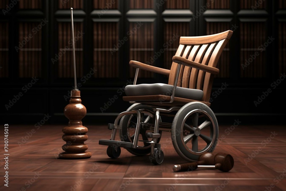 3D rendered wheelchair equipped with a wooden gavel. Generative AI