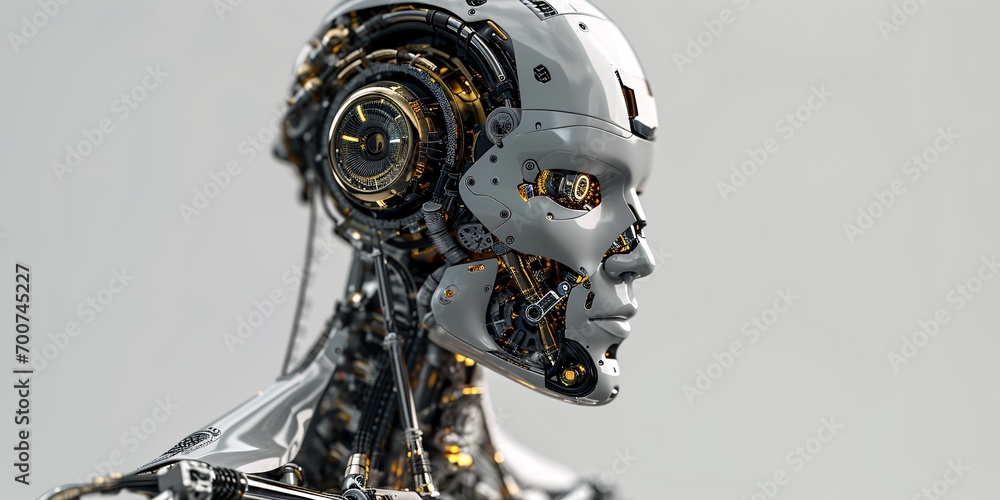 A 3D rendering of a robot head with a digital brain engine, using AI technology, on a white background with a clipping path. A 3D rendering of a robot head with a digital brain engine, using AI technology, on a white background with a clipping path.