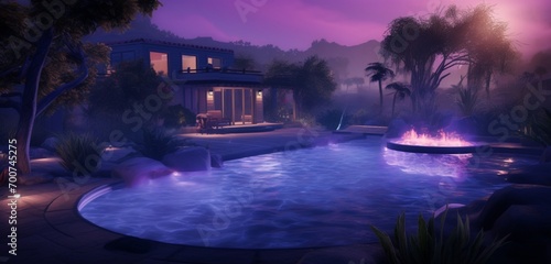 A modern backyard oasis with a pool and a color-changing fog system, creating 3D intricate, misty patterns in hues of purple and blue, misty mystique